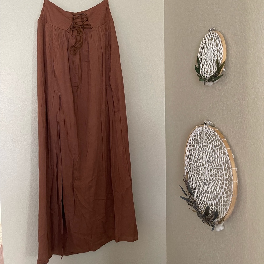 One Way Floor Length Double Slit Brown Skirt